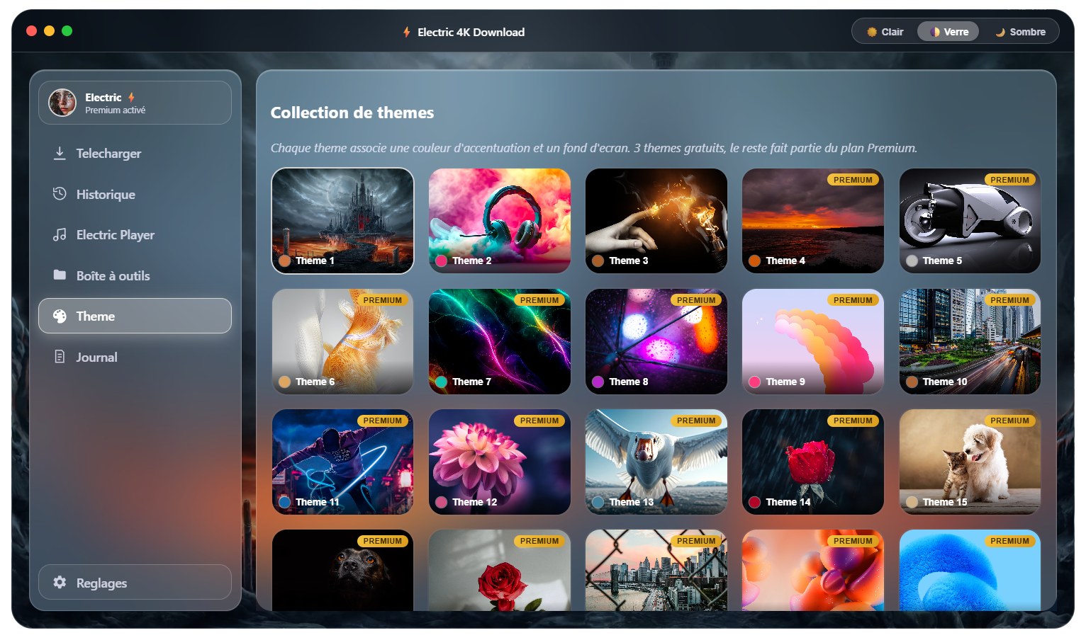 Page Thème d'Electric 4K Download avec la collection de thèmes, Effet Verre activé